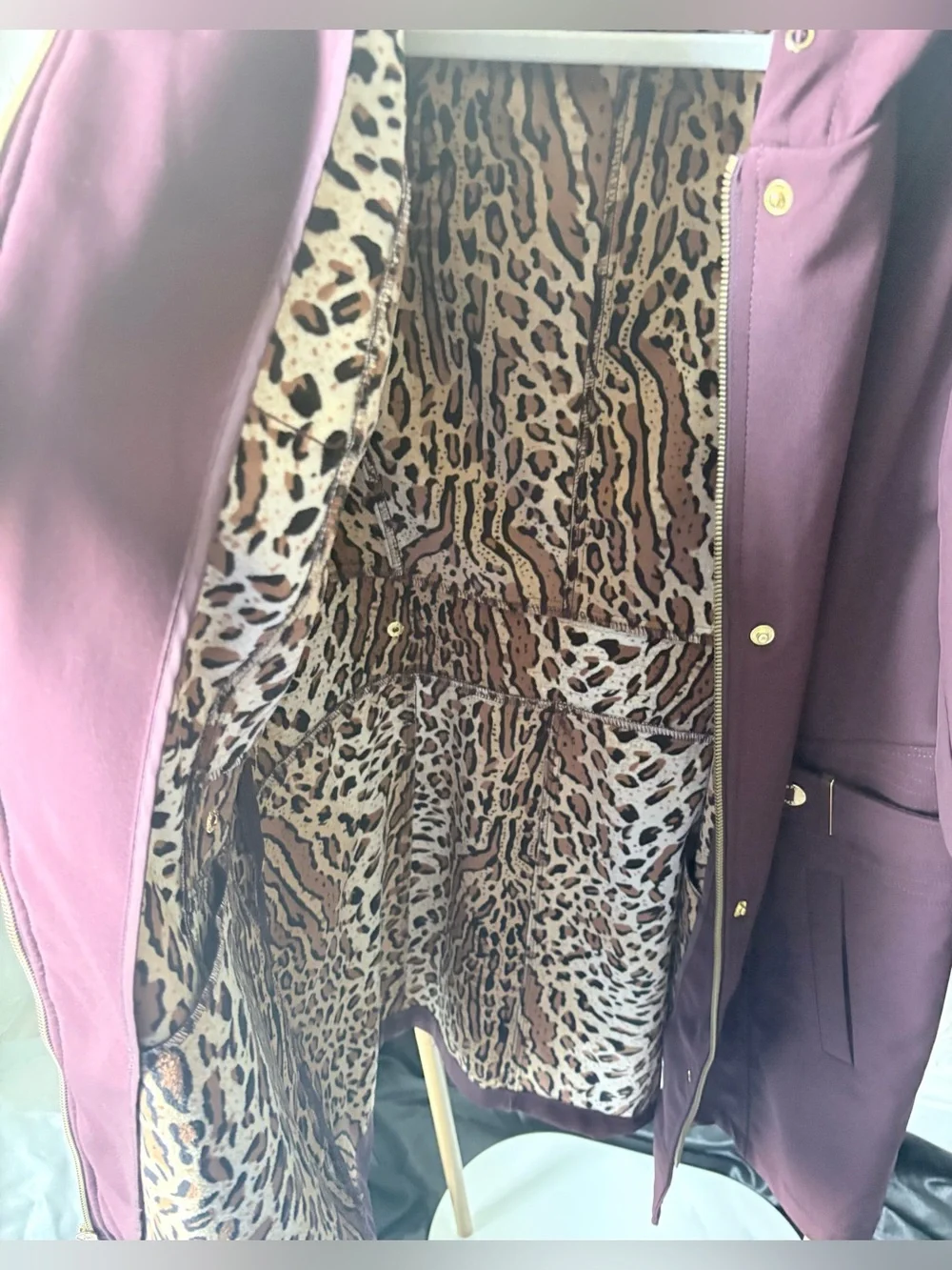NWT Via Spiga Wine Hooded Softshell Rain Jacket Leopard Lining XL